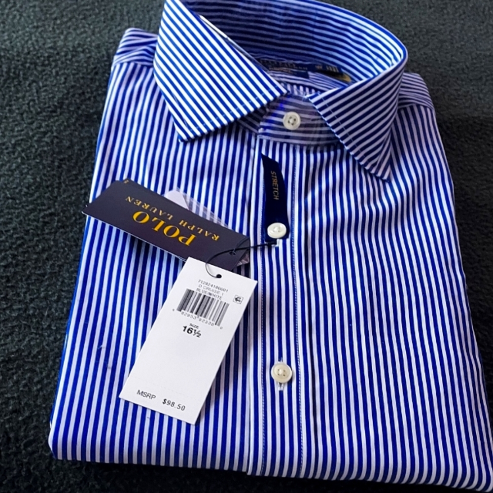 POLO by Ralph Lauren Men's 16.5 Long Sleeve Button Up - Navy Blue & White